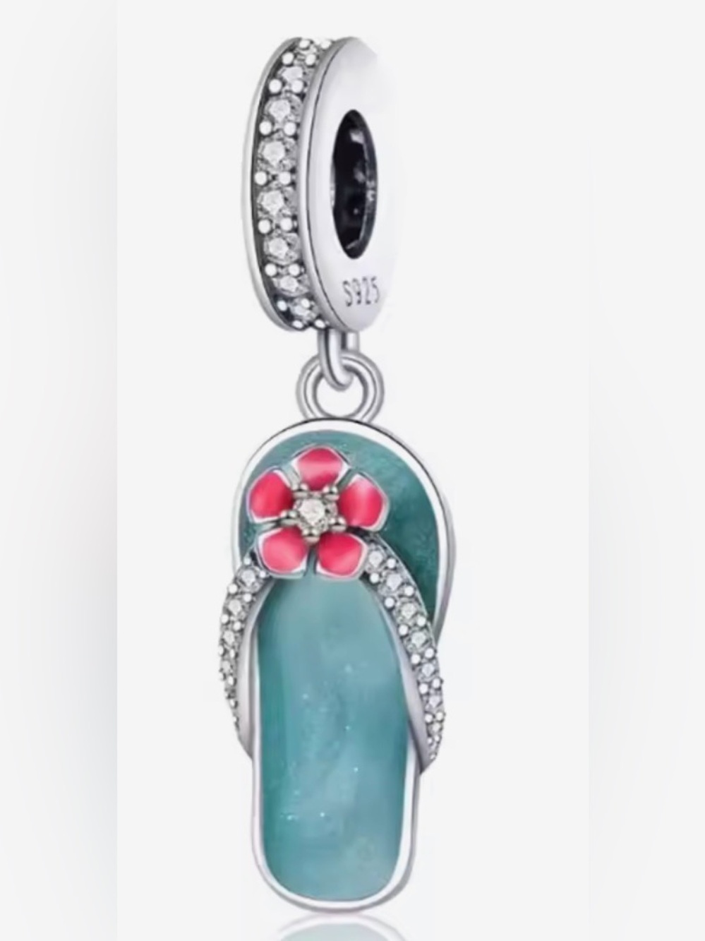 Silver & Teal Flip-Flop Dangle Charm with Pink Flower
